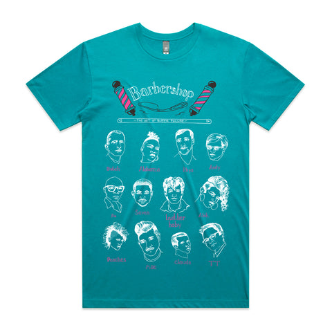 Ace Lehner, "Barbershop: The Art of Queer Failure (custom t-shirt in turquoise)