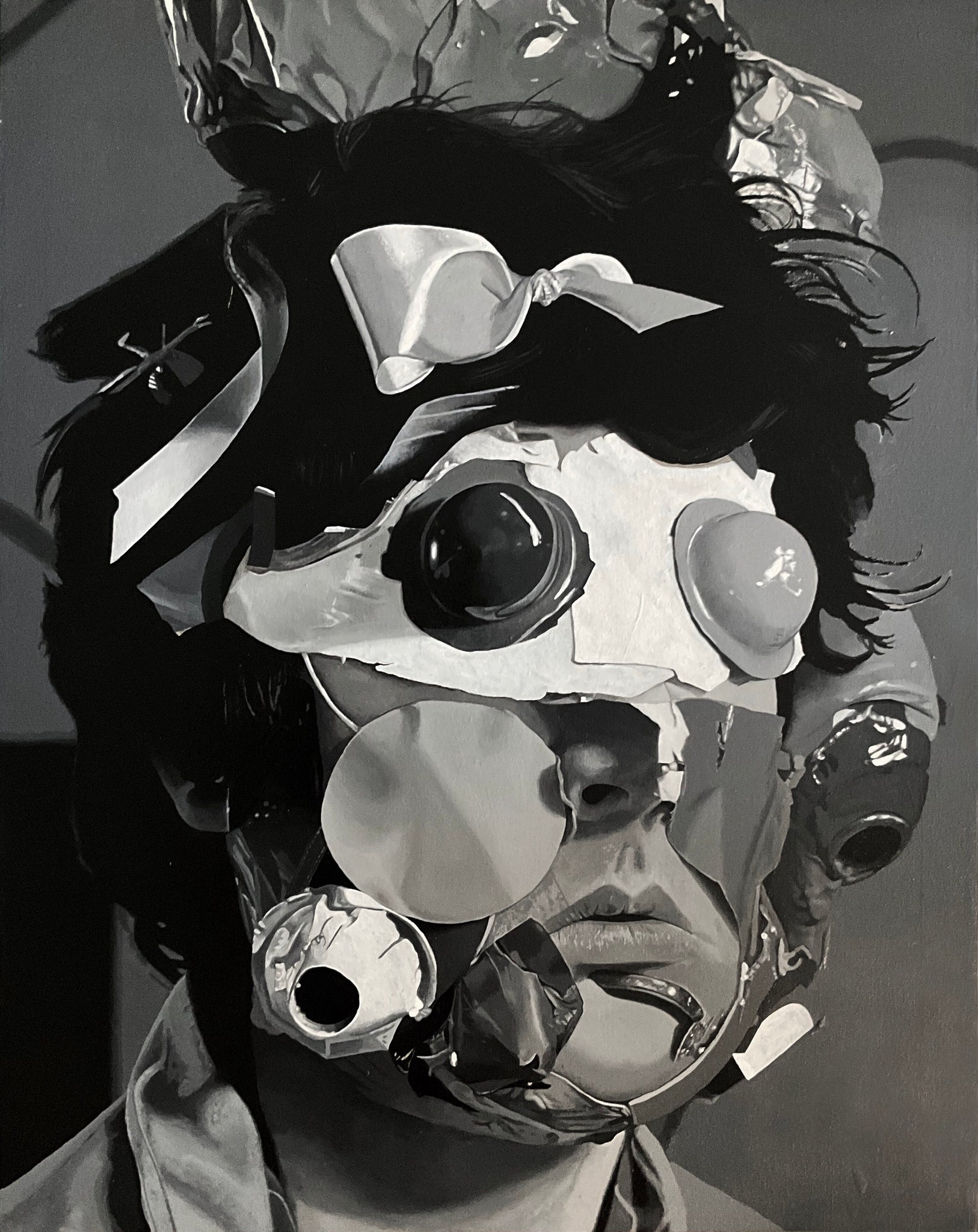 Dane Patterson, "A portrait of a man with paper scraps, plastic fragments, ribbons, duct tape, string, metal bits, and fabric bundles."