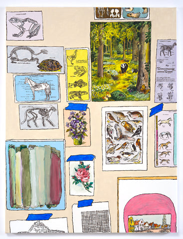 Kirstin Lamb, "Studio Wall with Forest, Charts, Skeletons, Florals, and Birds"