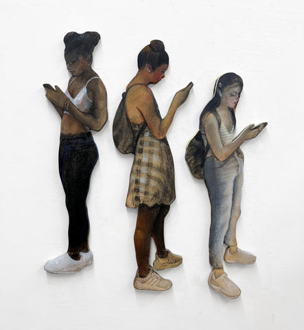 Claudia Bitrán, "White Shoes (Double Hair Bun), White Shoes (Plaid Dress), White Shoes (Backpack Airpods)"