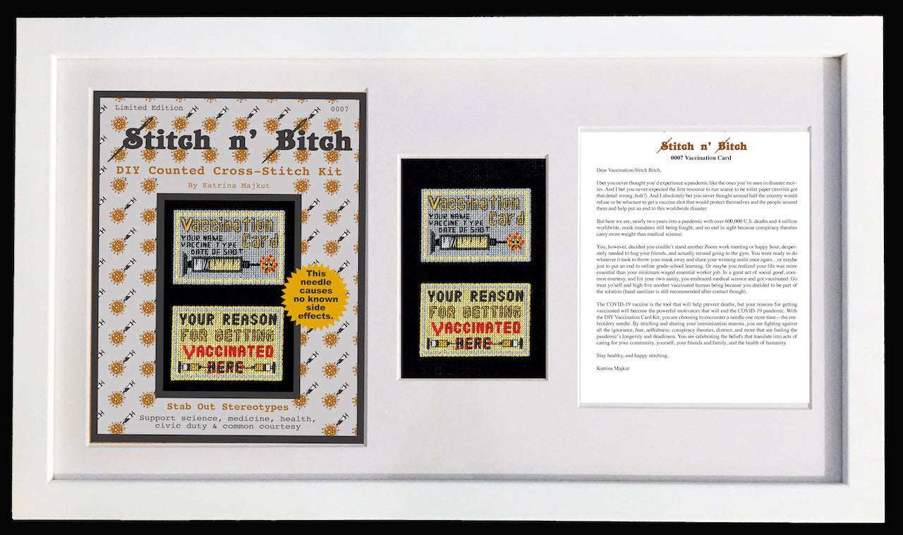 Katrina Majkut, "Vaccination Card DIY Cross Stitch Kit (Framed Artist Print & Hand-Stitched Sampler)"